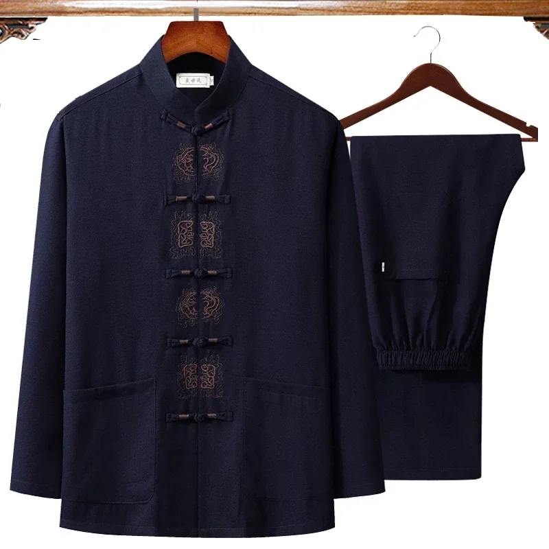 Mens Linen Shirt Long Sleeve - 男性用中国綿リネン衣類,カンフー太極拳スーツ,長袖シャツとロングパンツ,ウーシュスーツ,刺embroidery,4XL,新品,秋