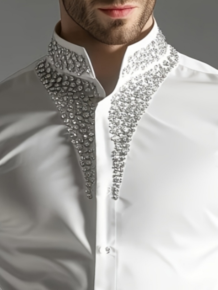 Mandarin Collar Formal Shirt Slim Fit - メンズ高級ラインストーンシャツ、マンダリンカラー、クリスタル装飾カフス、長袖、スリムフィット、パーティー、結婚式、フォーマルブラウス