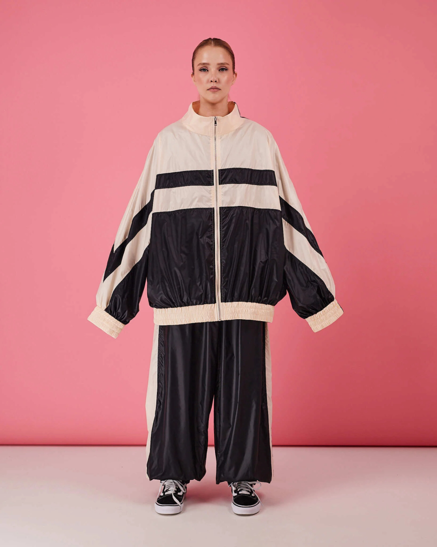 Jackets - 女性用アセテートサテン素材トラックスーツ、スタンドカラー、ジップアップ、カラーブロックジャケット、伸縮性のある袖口、ゆったりとしたワイドレッグパンツ、カジュアルなツーピースアウトフィットセット