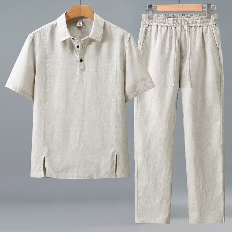 Mens Linen Shirt Long Sleeve - 春/夏のファッションレトロスポーツ長袖Tシャツコットンリネンセットメンズカジュアルルーズプラスサイズ高品質ツーピースセット