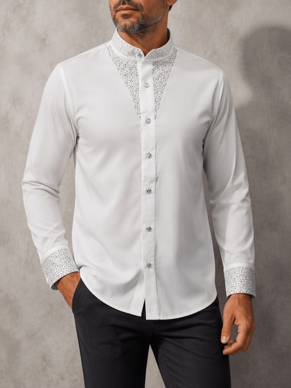 Mandarin Collar Formal Shirt Slim Fit - メンズ カジュアル ビジネス ブラウス ファッション 高級ラインストーン