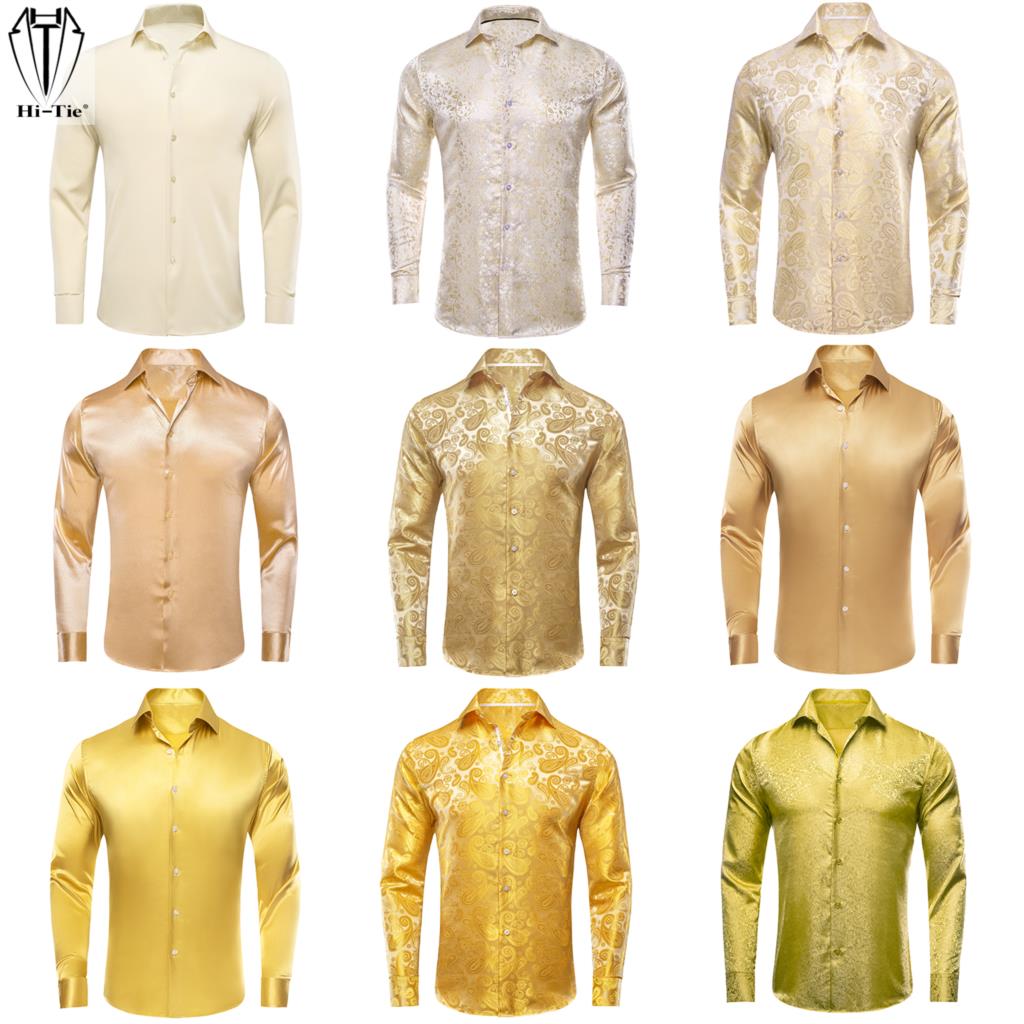 Mens Satin Silk Dress Shirt - Hi-tie-女性と男性のための長袖Tシャツ,ゴールド,ベージュ,アイボリー,シャンパンシルク,ジャカードシャツ,結婚式のためのブラウス