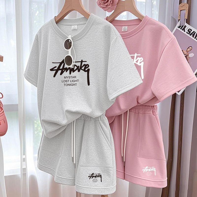 Shorts - 新しい女性用プラスサイズセット 大人用半袖とショートパンツのツーピースセット 子供用ゆったりカジュアルセット 女性用Tシャツとショートパンツセット