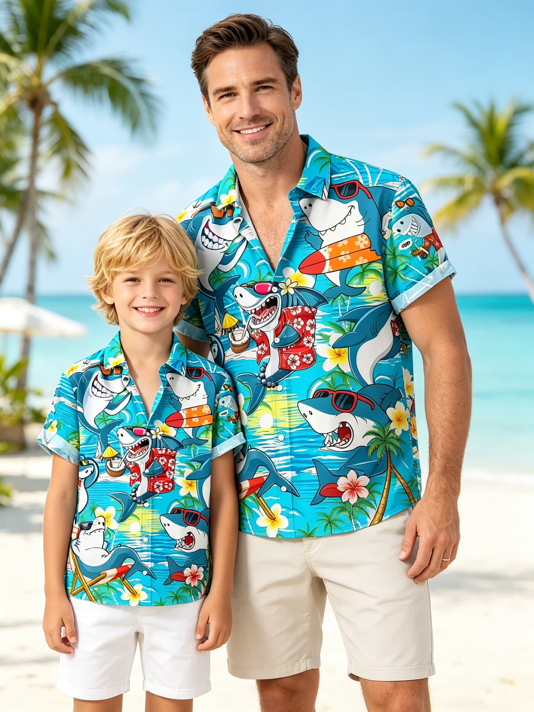 Vintage Hawaiian Floral Shirt - メンズ、レディース、キッズ向け。ヴィンテージ風のハワイアン柄、花柄の半袖シャツ。オリジナルデザイン、海底プリント、サメ柄、夏らしいファッション、カートゥーン風トップス。