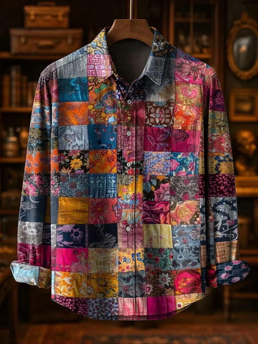 Mens Linen Shirt Long Sleeve - メンズファッション カジュアルファッション パッチワークデザイン リネンシャツ 花柄3Dプリント 新スタイル