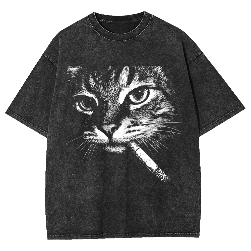 ヴィンテージ風アシッドウォッシュメンズTシャツ、喫煙猫グラフ - Acid Wash Vintage Graphic T Shirt のレビューと価格
