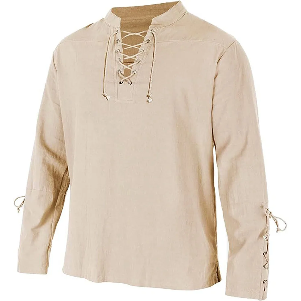 メンズ長袖シャツレースアップ V ネックカフ中世海賊ドレスア - Medieval Gothic Lace Up Pirate Shirt のレビューと価格