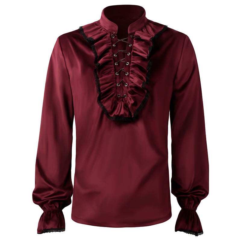 男性用のフリル付きランタンスリーブシャツ,赤いレースの衣服, - Medieval Gothic Lace Up Pirate Shirt のレビューと価格