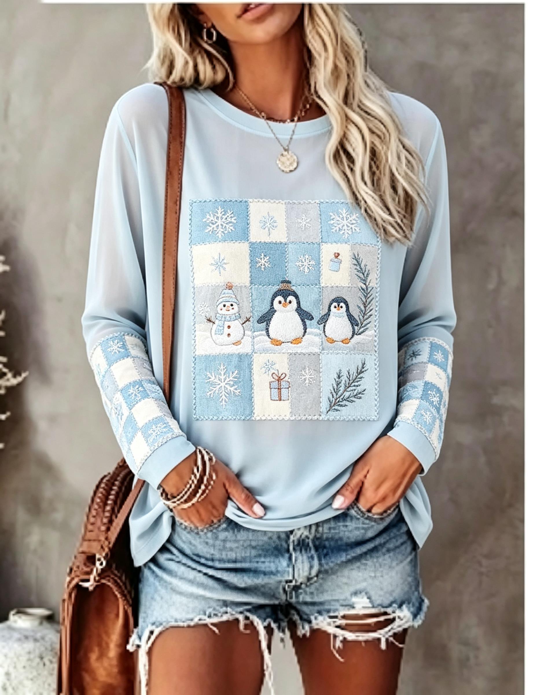 レディース 長袖Tシャツ、フォックス、ウサギ、パッチワーク、 - T-Shirts のレビューと価格