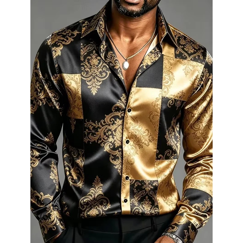サテンシルク長袖バロック花柄プリントメンズドレスシャツスリム - Mens Satin Silk Dress Shirt のレビューと価格