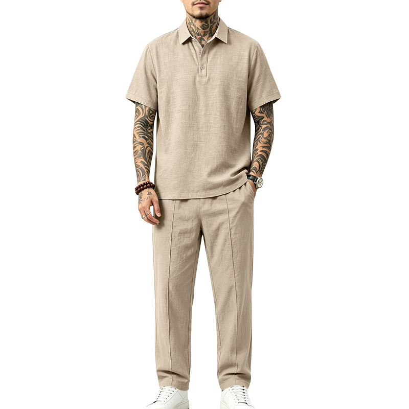 メンズ2ピースポロセット半袖襟付きポロシャツ＆ストレートロン - Mens Linen Shirt Long Sleeve のレビューと価格