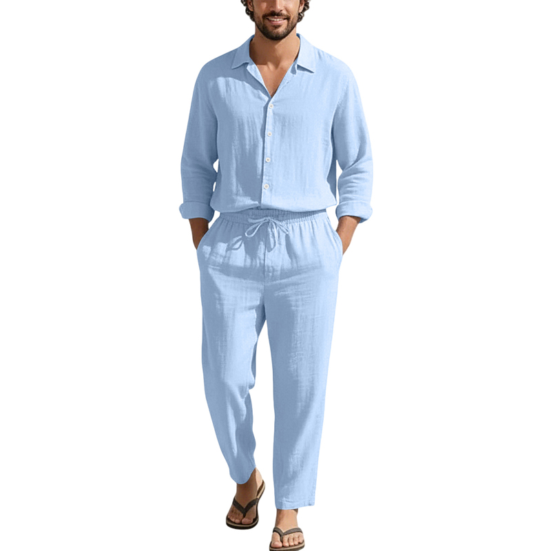 春夏リネンカジュアルセットゆったりビーチ長袖シャツ+ロングパ - Mens Linen Shirt Long Sleeve のレビューと価格