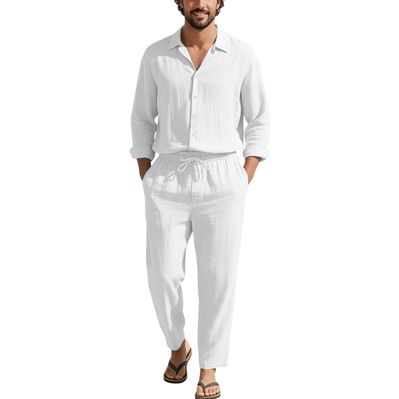 春夏リネンカジュアルセットゆったりビーチ長袖シャツ+ロングパ - Mens Linen Shirt Long Sleeve のレビューと価格